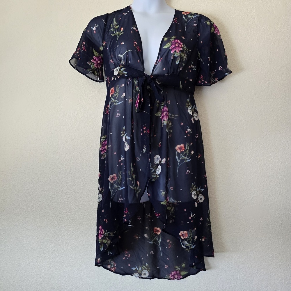 MoaMoa Women's Medium Floral Kimono Tie Front Resort Swim Cover Up Sheer HiLo